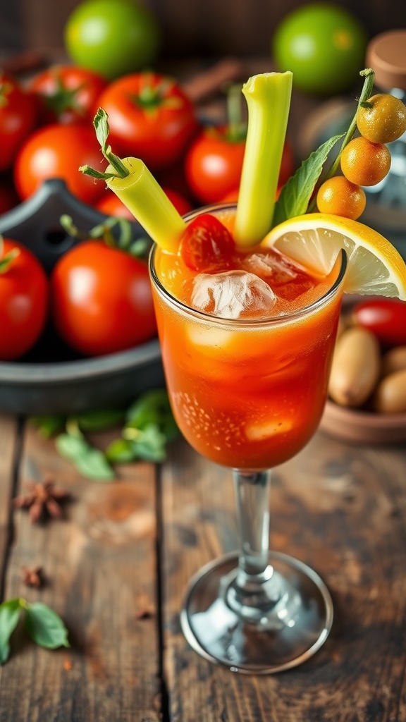 Zesty Spicy Vodka Bloody Mary Recipe A refreshing Zesty Spicy Vodka Bloody Mary cocktail with garnishes of celery, lemon, and pickles on a wooden table.